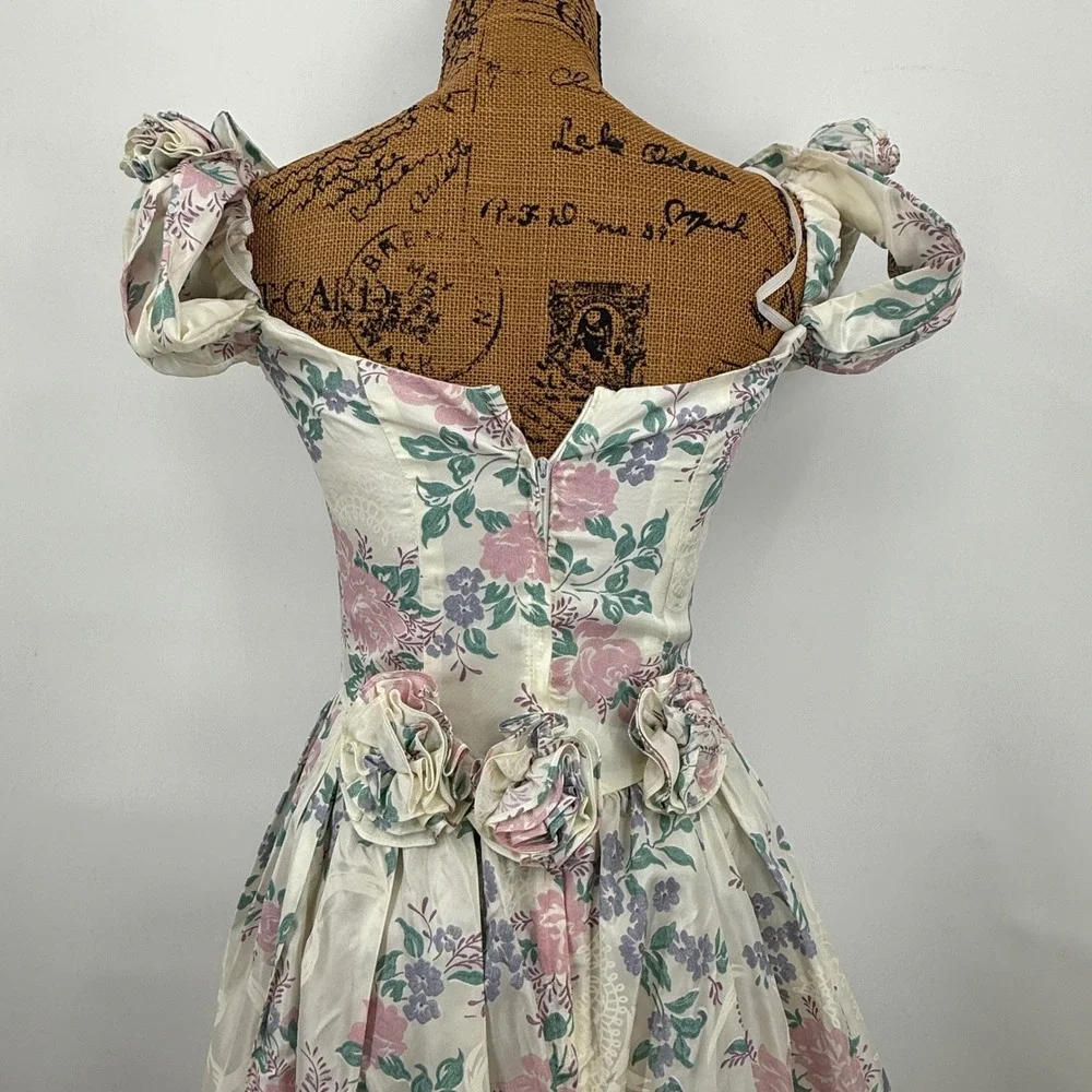 Vtg Scott McClintock Floral Dress Sz 6 Puff Sleeve Lace Cottage Coquette Basque - Picture 8 of 15
